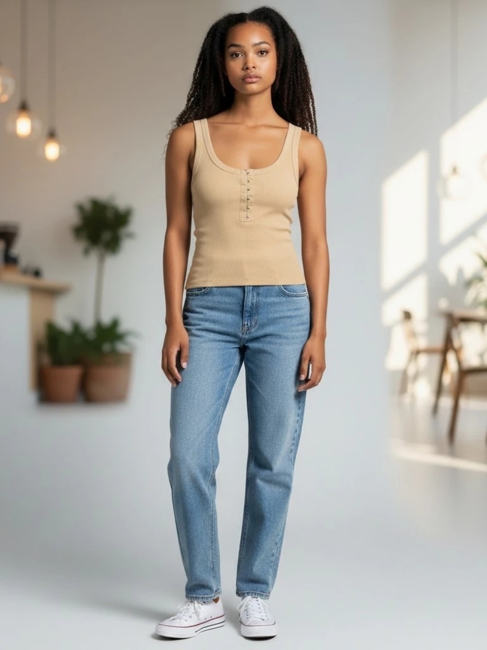 aerie Beige Ribbed Hook-Front Tank Top